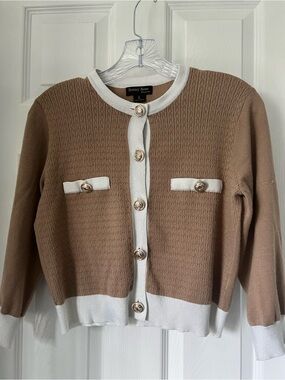 Tan and Cream Trim Knit Cardigan Sweater -